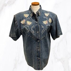 Vtg Pretty Bleu‎ Acid Wash Bedazzled Button Up Denim Shirt, Size S